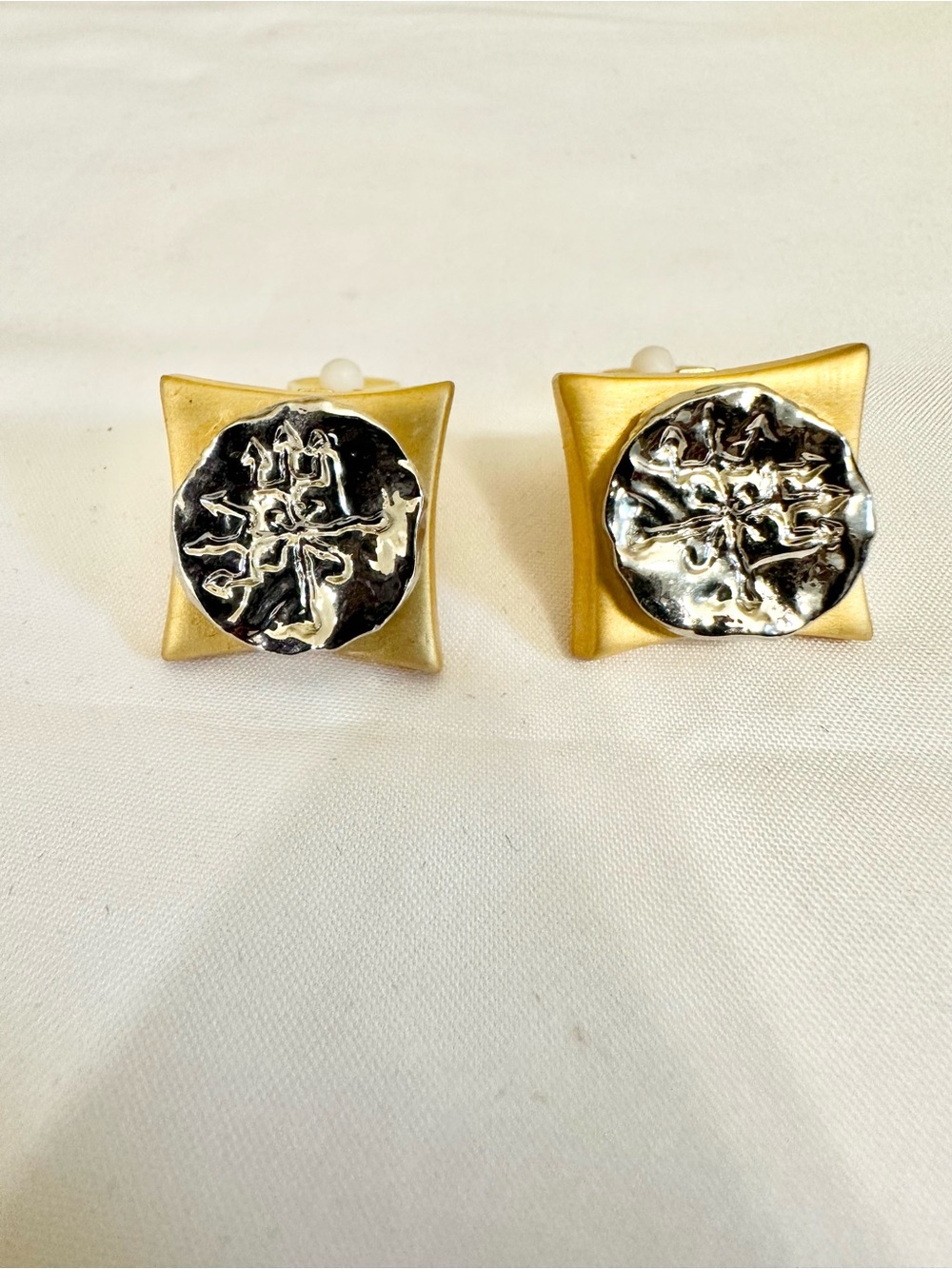 VTG Gold and Silver Square Medallion Clip-On Earrings - Unbranded